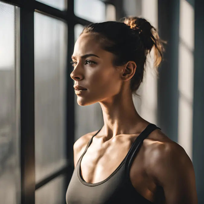 Woman in athletic wear looking thoughtfully out of a window.